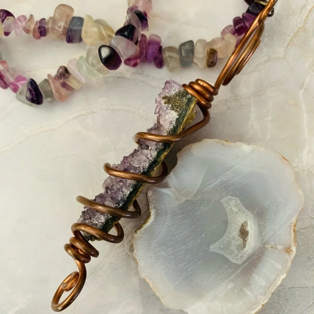 Artisan Amethyst Geode Copper Wire Wrapped Pendant Crystal Necklace - Picture 6 of 10